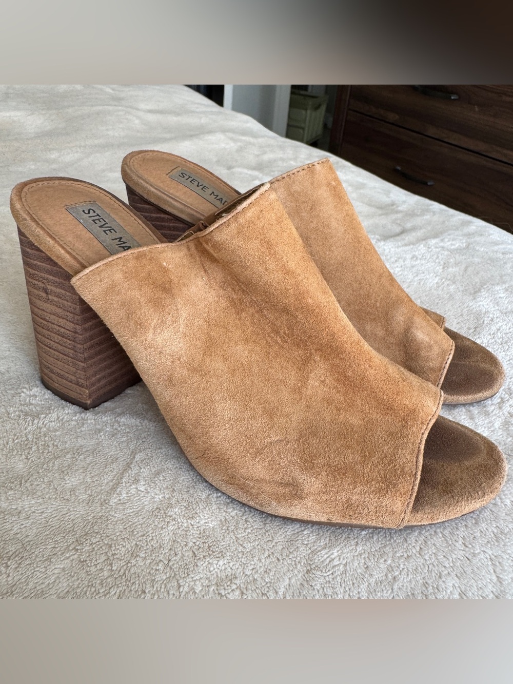 Steve Madden Tan Suede Open-Back Block Heel Mules